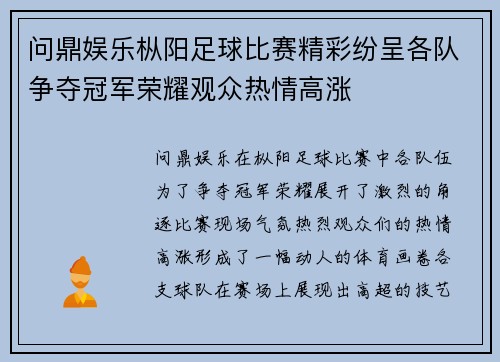 问鼎娱乐枞阳足球比赛精彩纷呈各队争夺冠军荣耀观众热情高涨